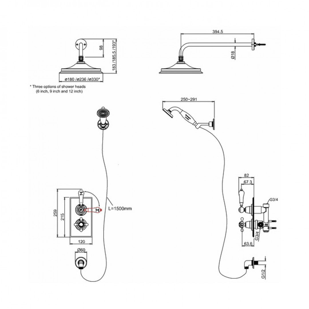 Burlington Trent Thermostatic Dual Outlet Shower Valve with Shower Handset and Overhead Deluxe Bathrooms UK