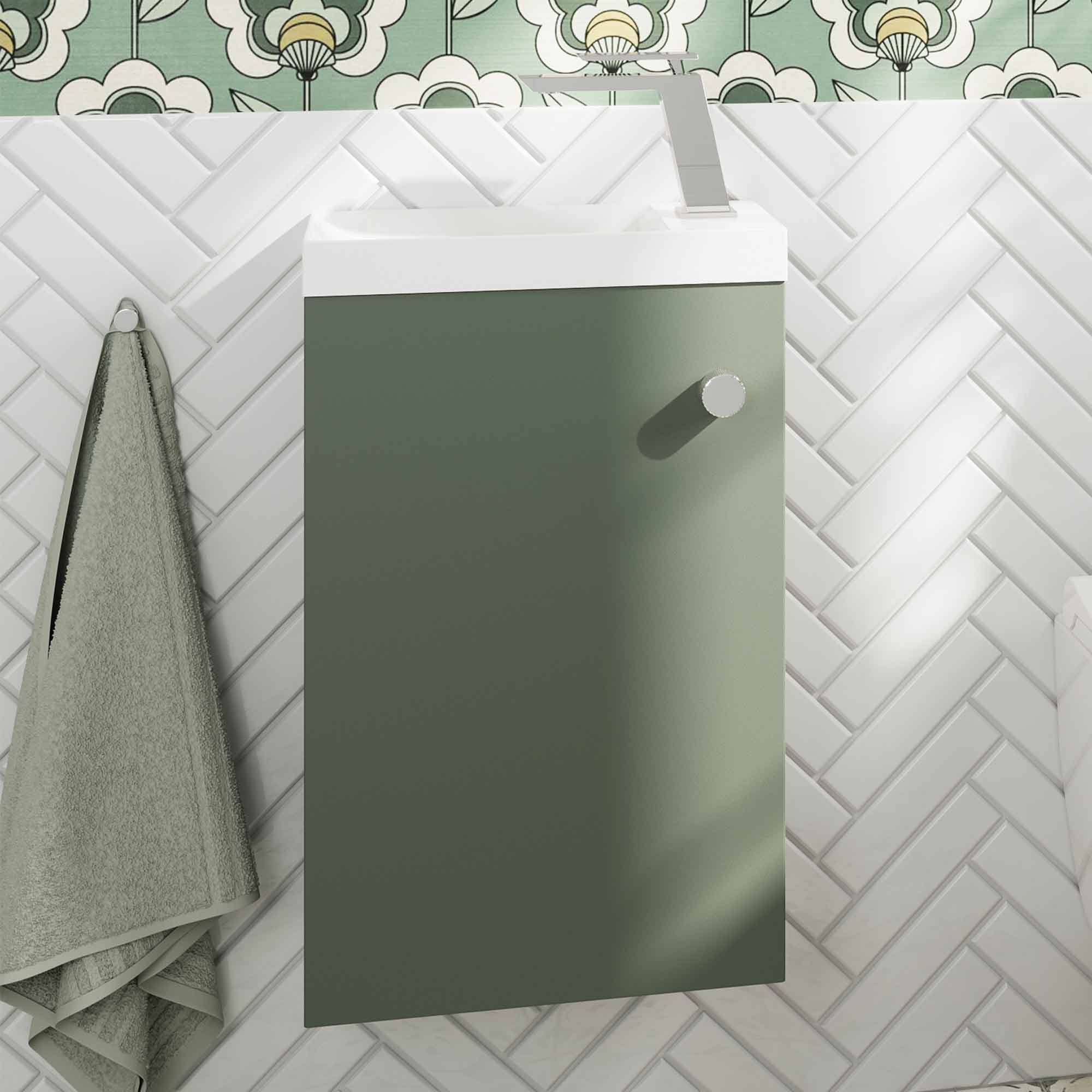 crosswater alo 400 wall mounted cloakroom vanity unit with basin sage green