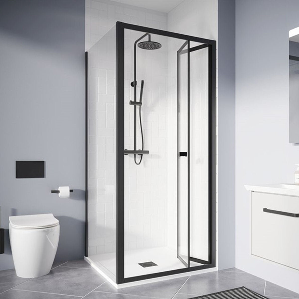 crosswater clear 6 bi-fold shower door with side panel matt black lifestyle