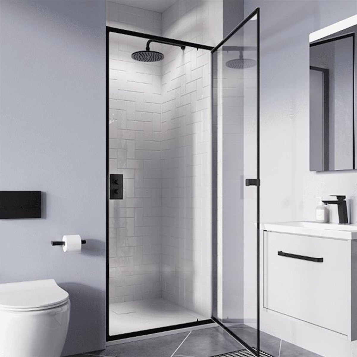 crosswater clear 6mm pivot shower door optional side panel matt black lifestyle