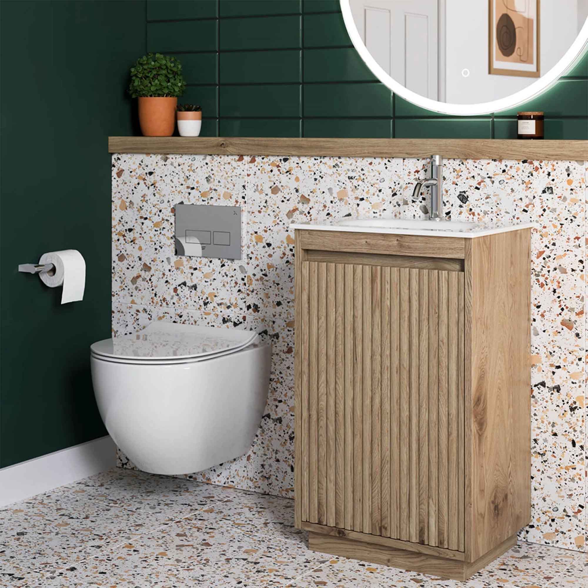 crosswater flute 470mm single drawer floorstanding vanity unit with ceramic basin windsor oak