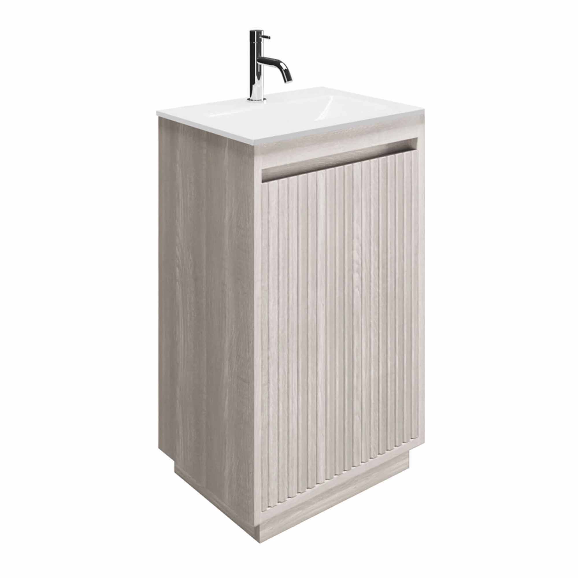 crosswater flute 470mm single drawer floorstanding vanity unit with ice white glass basin navarra oak