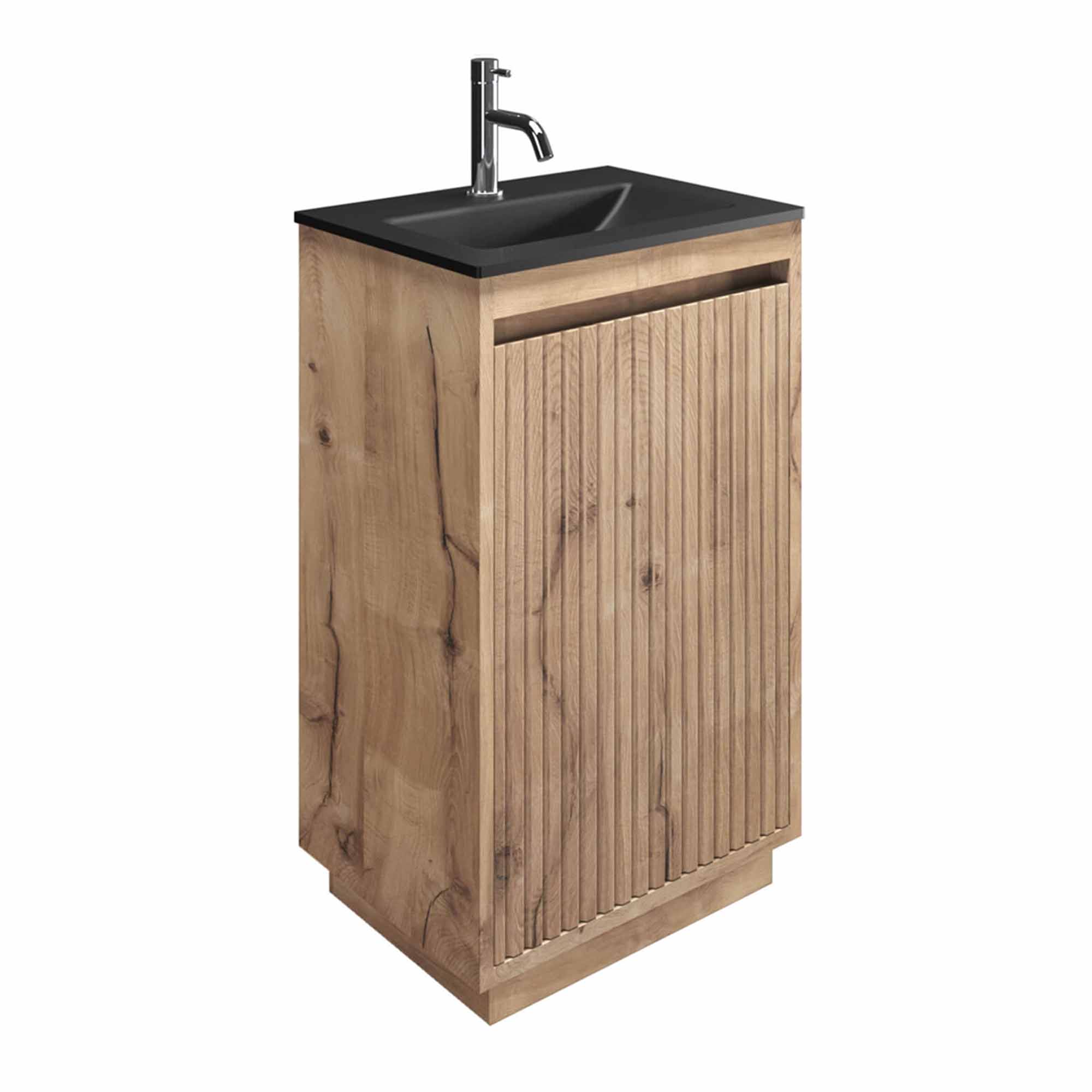 crosswater flute 470mm single drawer floorstanding vanity unit with midnight black glass basin windsor oak