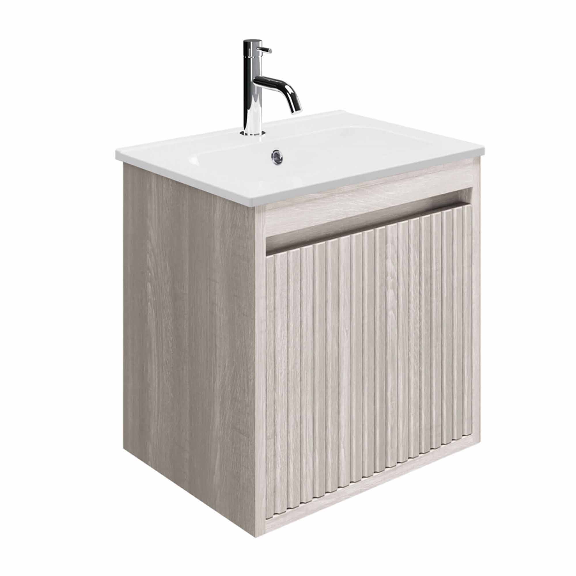 crosswater flute 470mm single drawer wall hung vanity unit with ceramic basin navarra oak