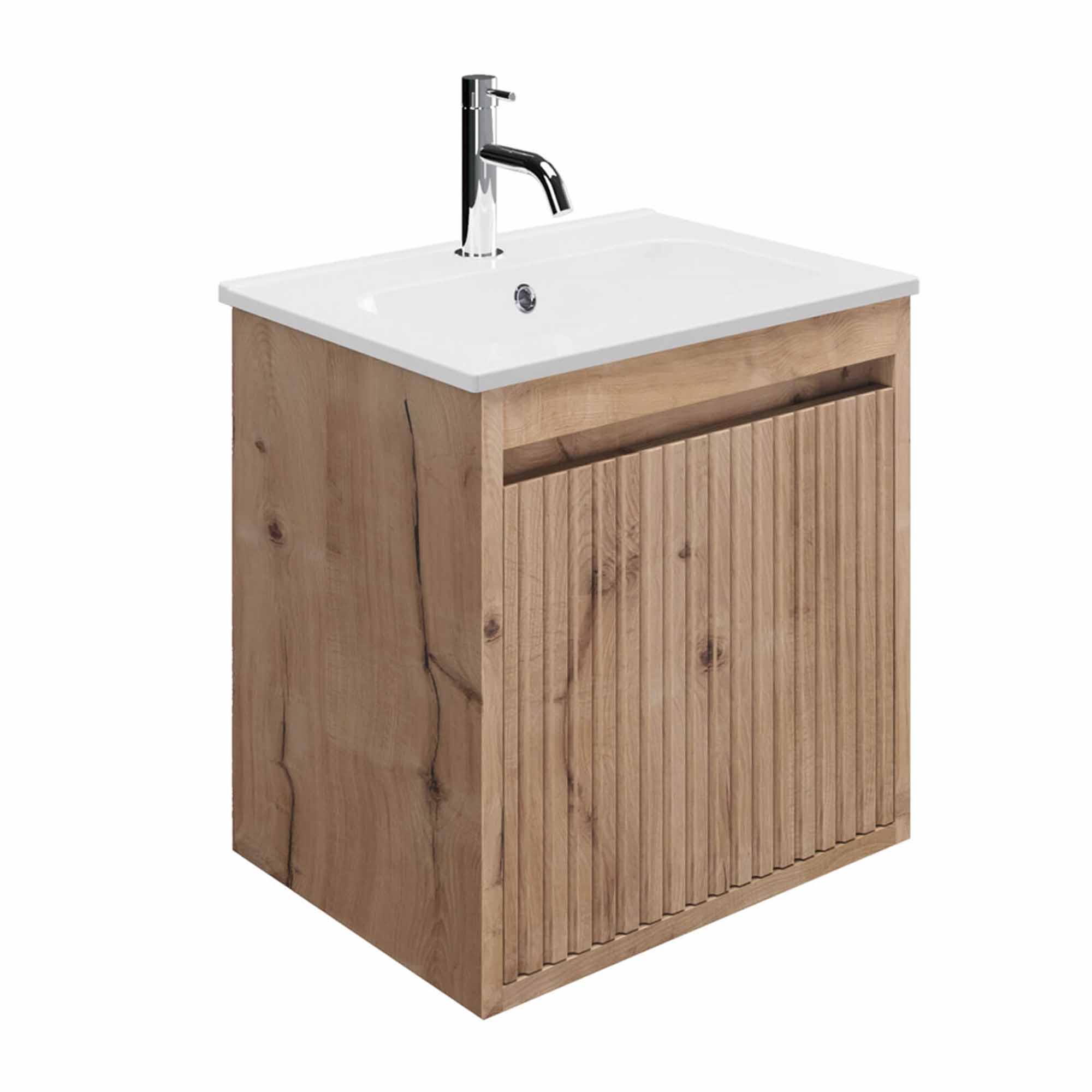 crosswater flute 470mm single drawer wall hung vanity unit with ceramic basin windsor oak
