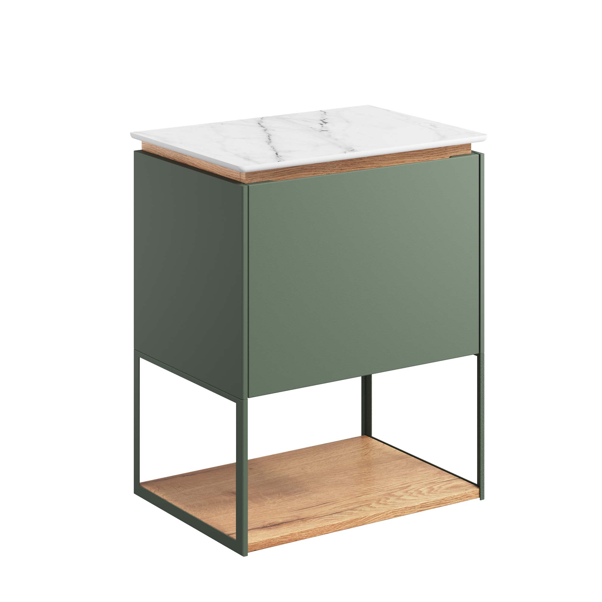 crosswater mada 500 wall mounted vanity unit with carrara marble effect worktop shelf and frame sage green