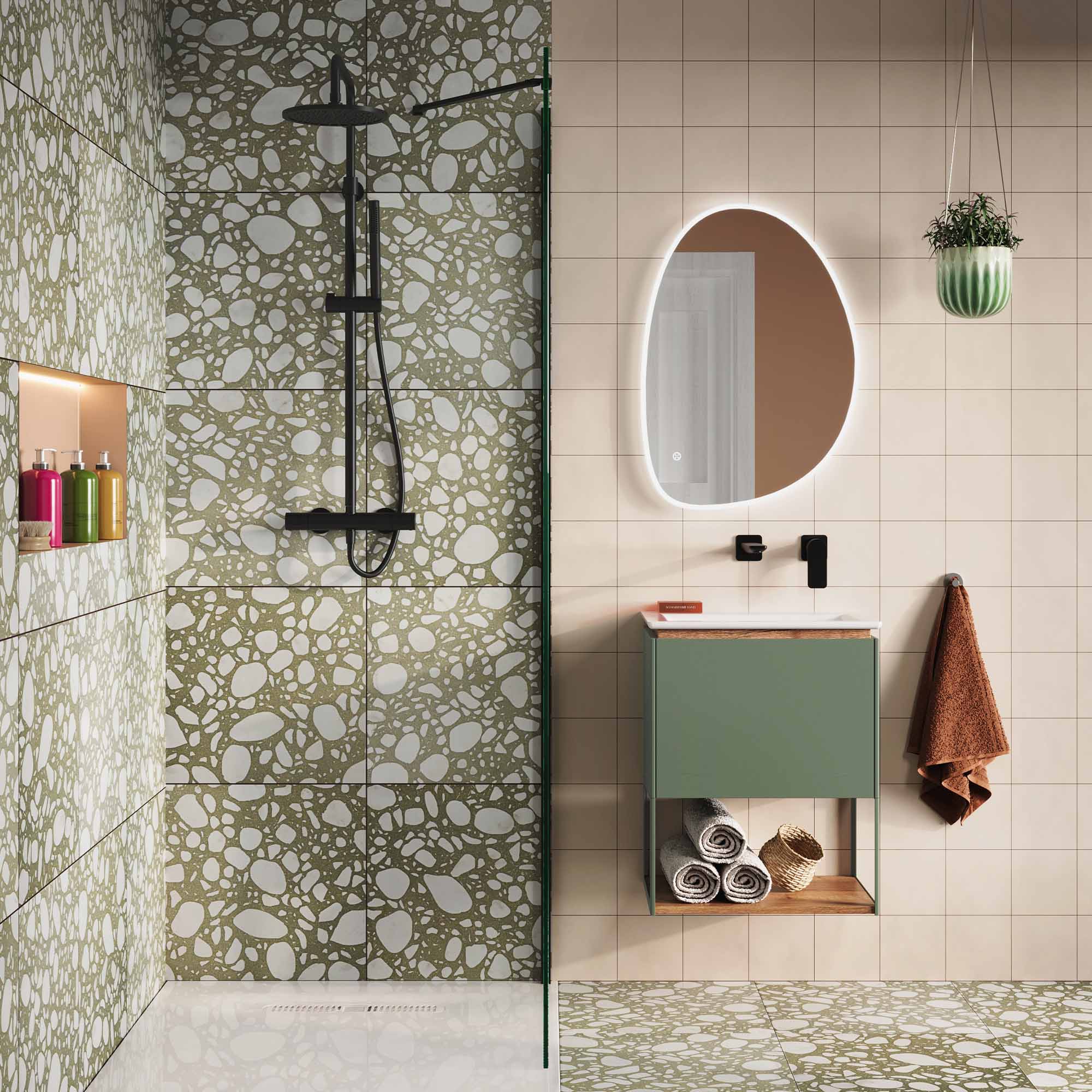crosswater mada 500 wall mounted vanity unit with mineral marble basin shelf and frame sage green