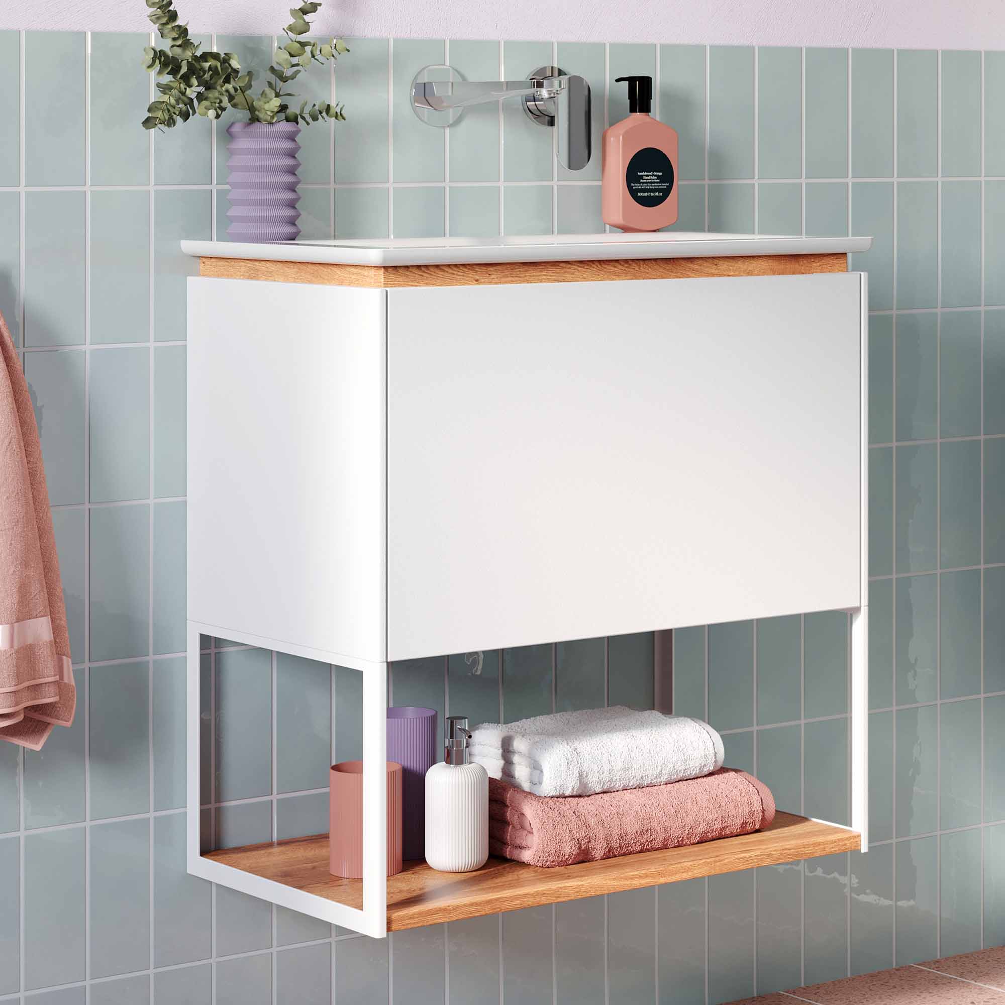 crosswater mada 600 wall mounted vanity unit with mineral marble basin matt white