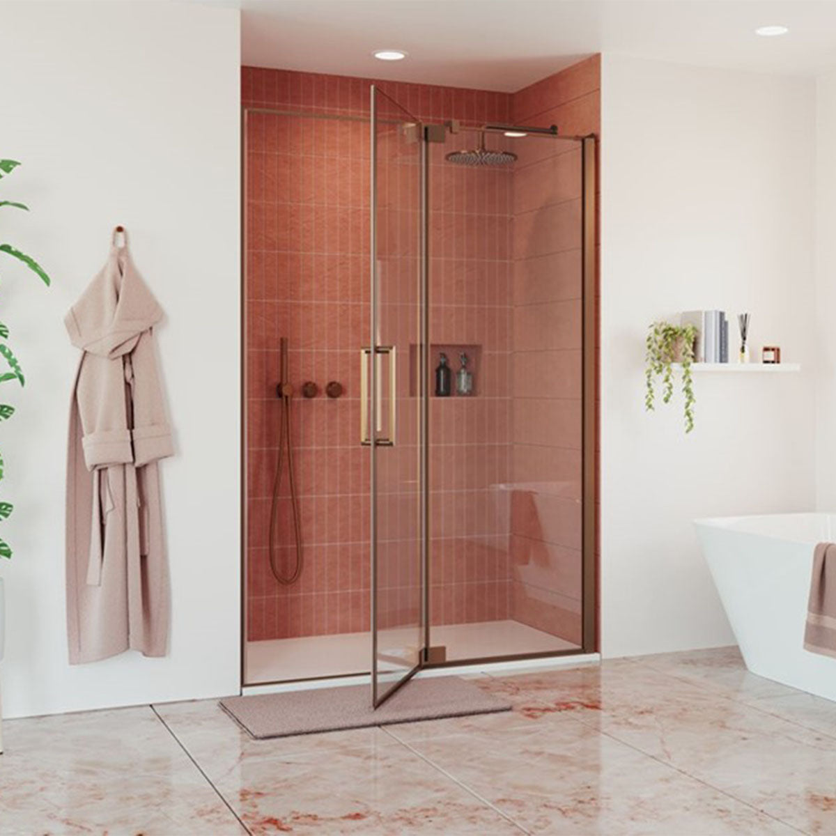 crosswater optix 10 pivot door with inline panel and optional side panel brushed bronze