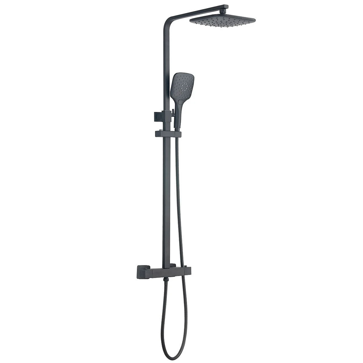 deluxe square dual outlet exposed thermostatic shower with rigid riser handset black