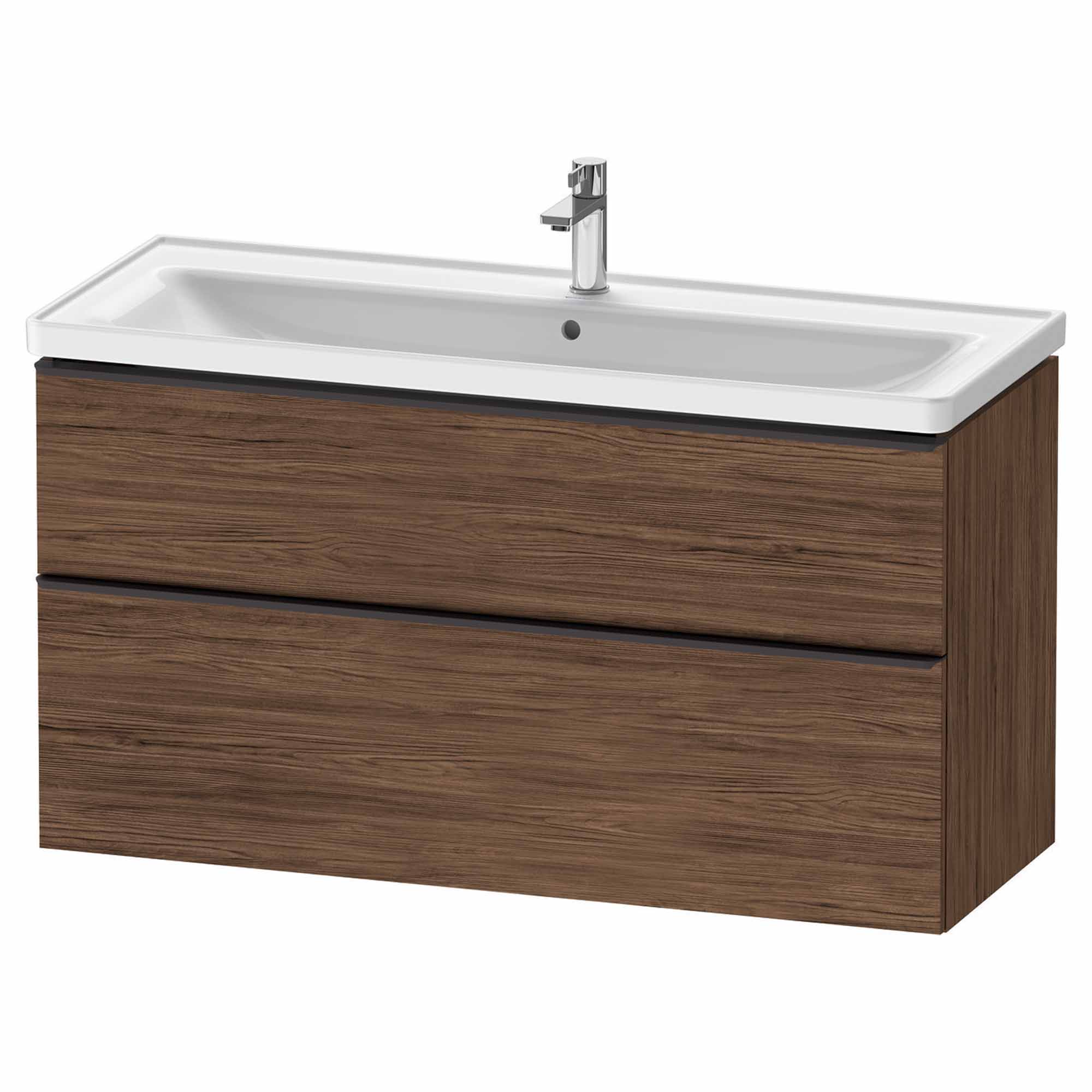 duravit d-neo 1200mm wall mounted vanity unit with d-neo basin dark walnut diamond black handles