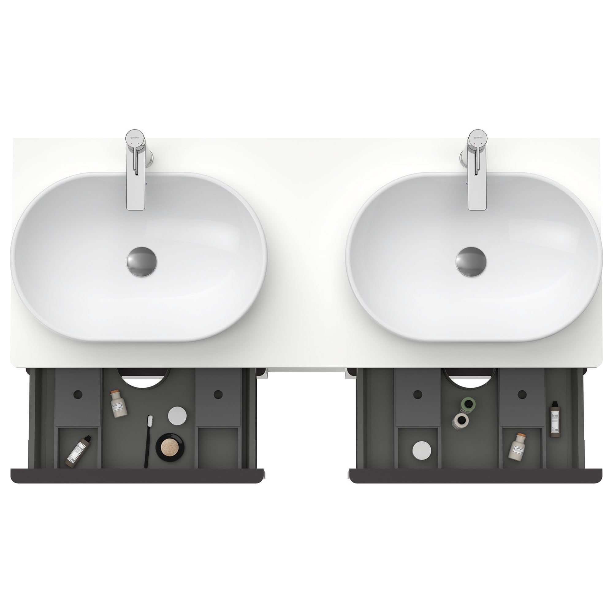 duravit d-neo 1400 wall-mounted vanity unit with worktop 2 open shelves matt white black diamond handles