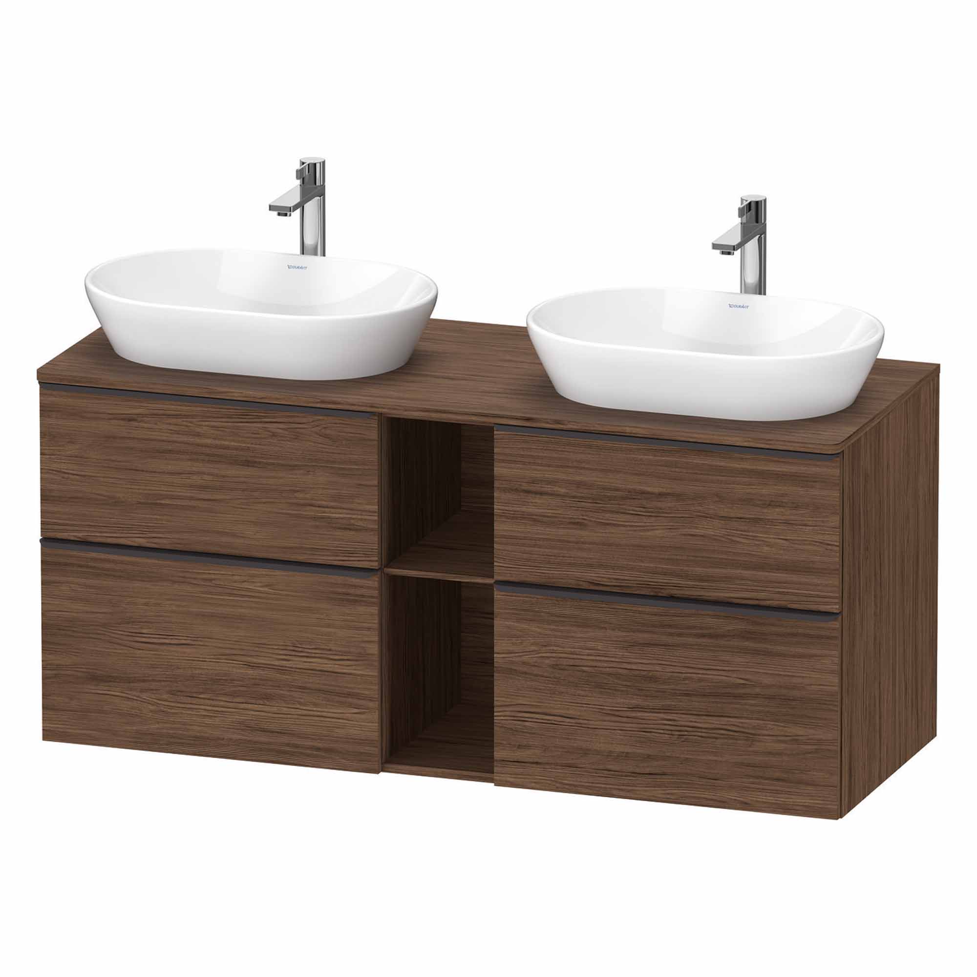 duravit d-neo 1400 wall mounted vanity unit with worktop 2 open shelves matt dark walnut diamond black handles