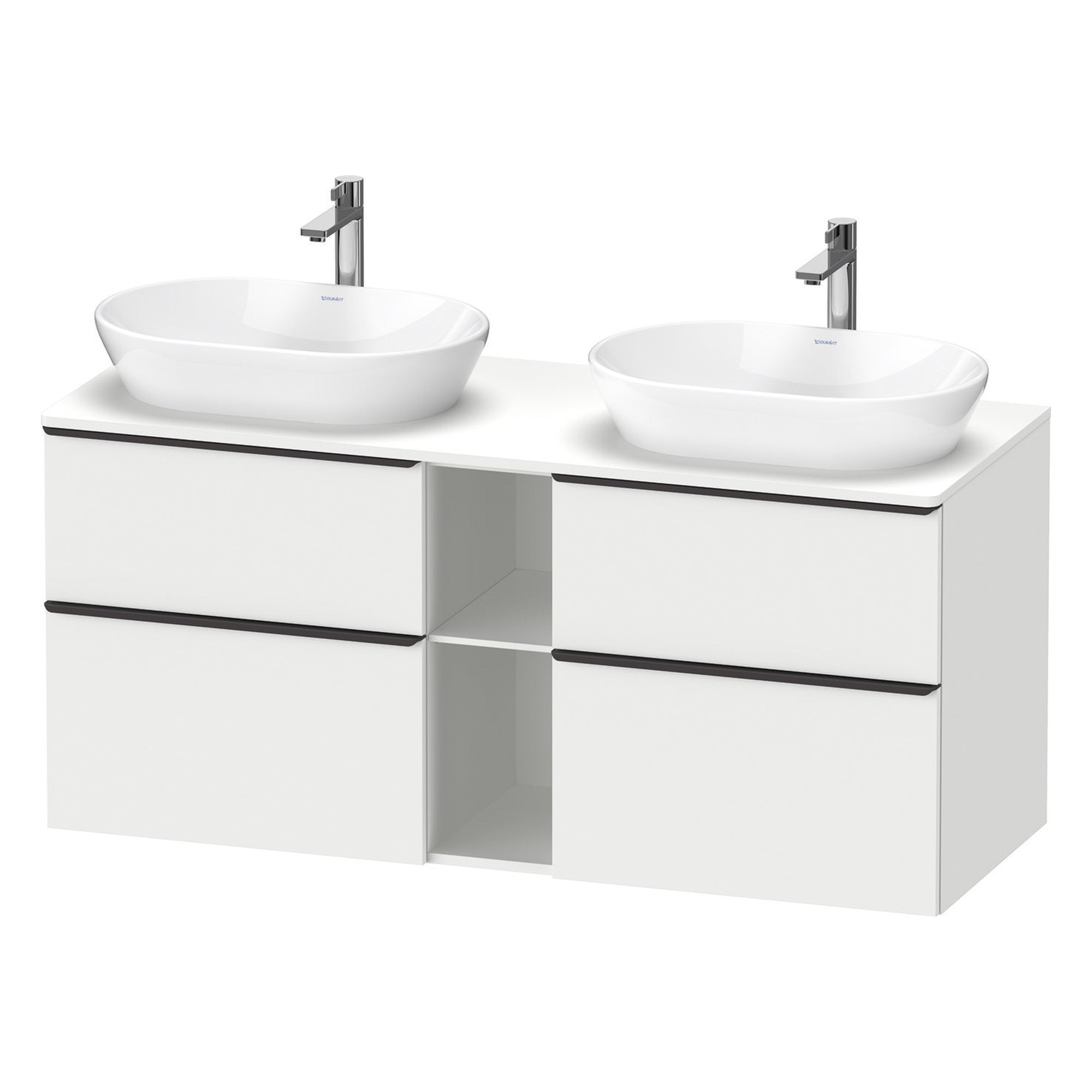 duravit d-neo 1400 wall-mounted vanity unit with worktop 2 open shelves matt white black diamond handles