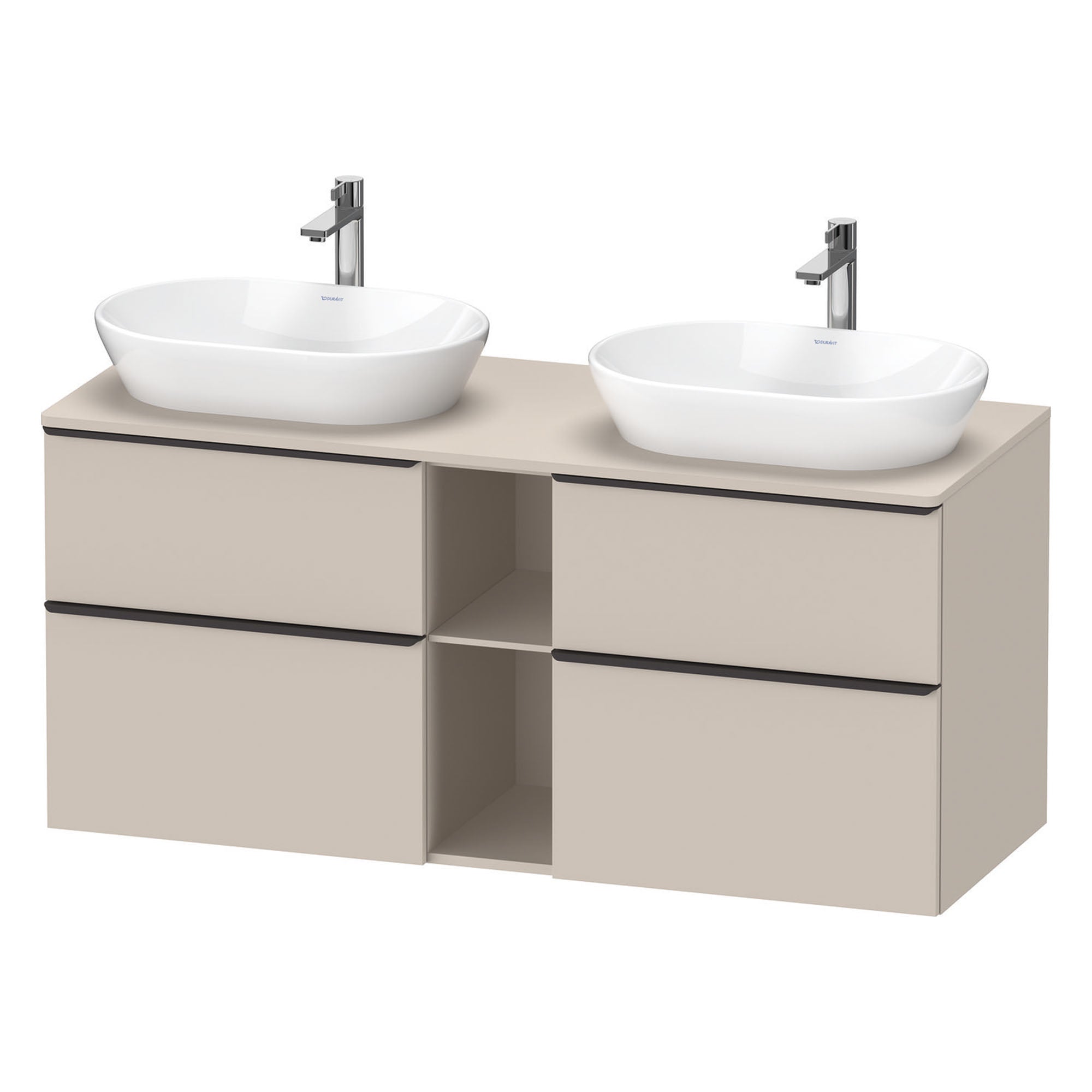 duravit d-neo 1400 wall mounted vanity unit with worktop 2 open shelves taupe diamond black handles