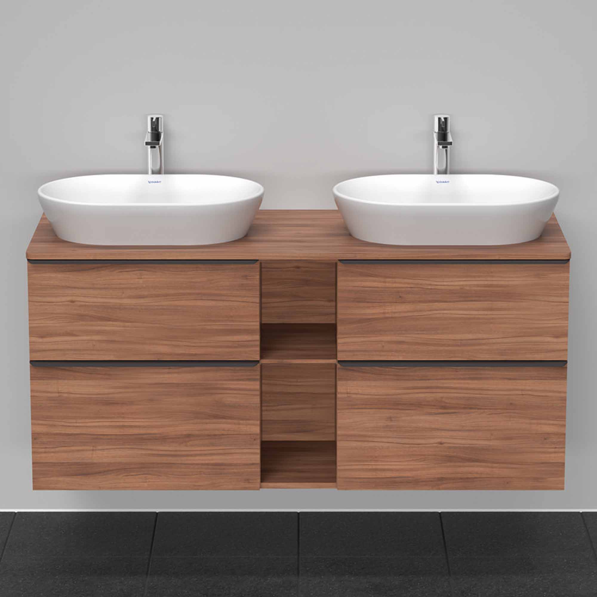 duravit d-neo 1400 wall mounted vanity unit with worktop 2 open shelves walnut matt diamond black handles