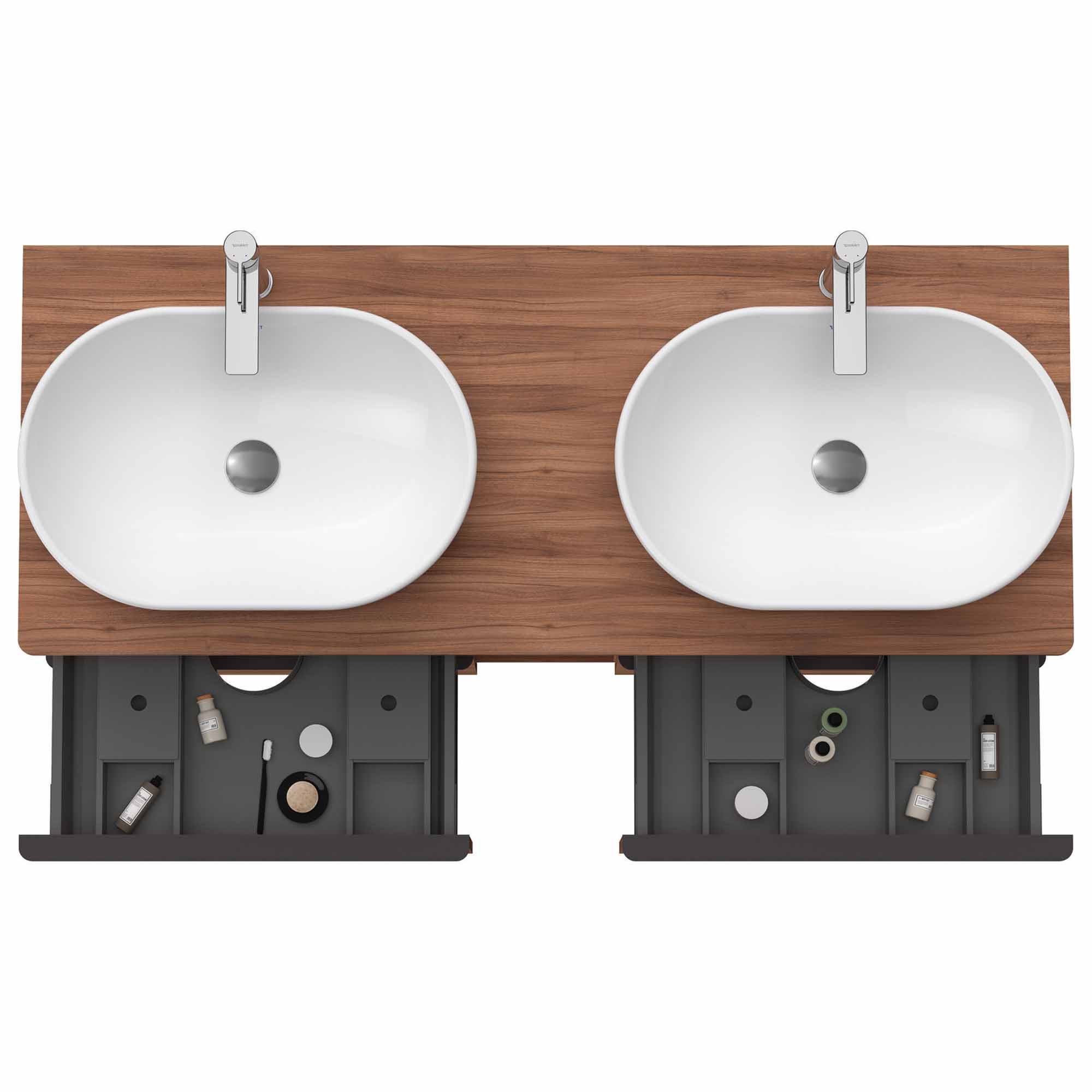 duravit d-neo 1400 wall mounted vanity unit with worktop 2 open shelves walnut matt diamond black handles