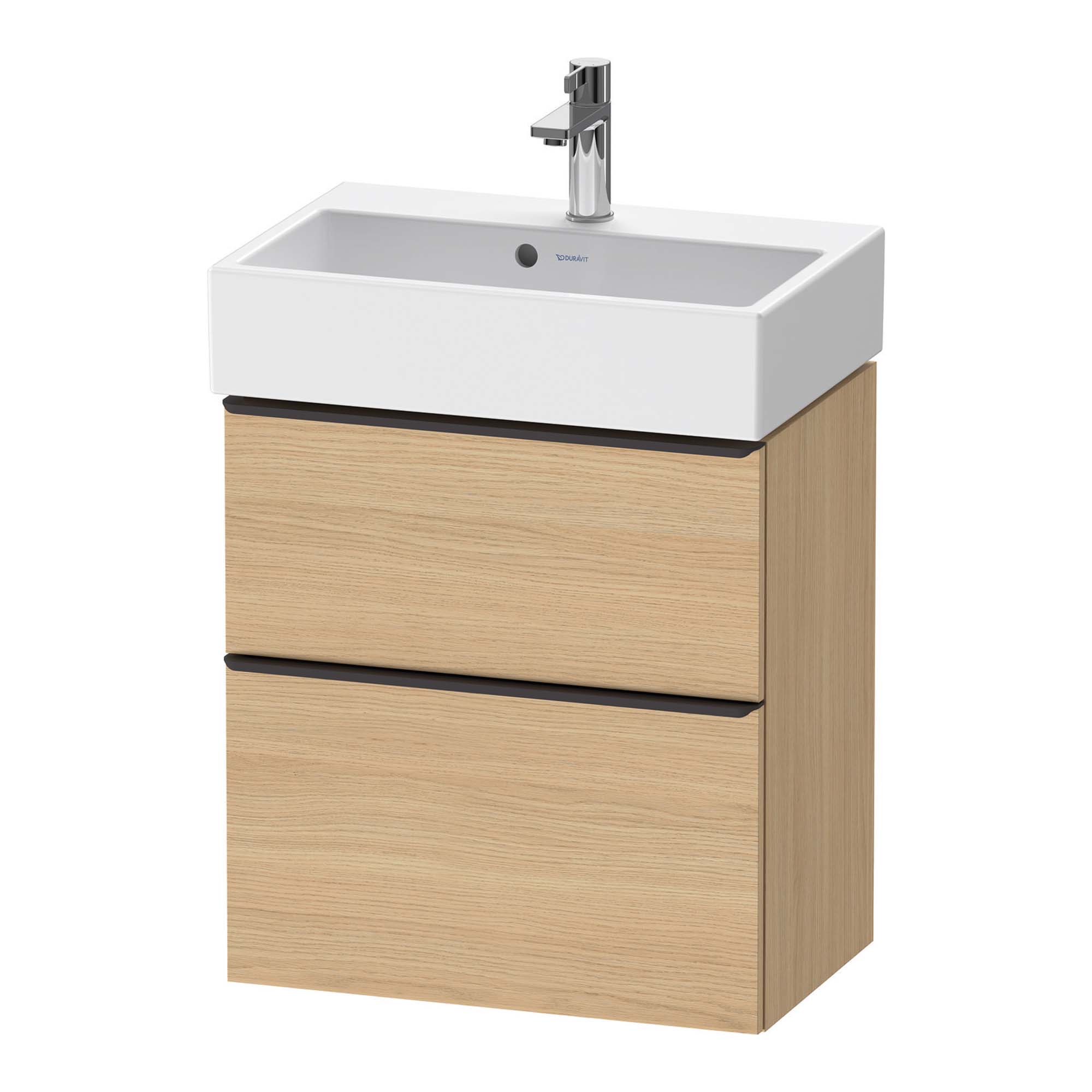 duravit d-neo 600 wall mounted vanity unit with vero basin natural oak diamond black handles