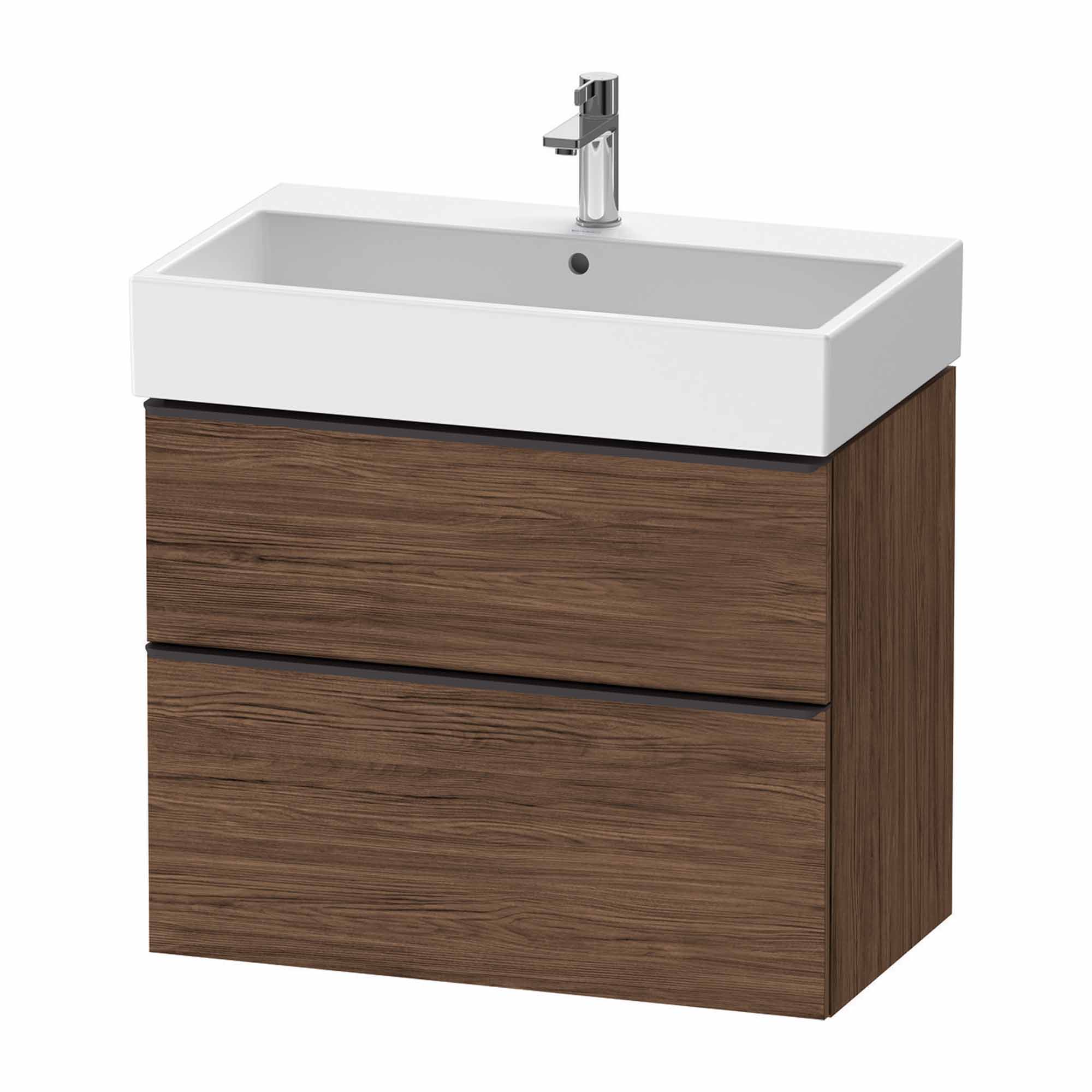 duravit d-neo 800 wall mounted vanity unit with vero basin walnut dark diamond black handles