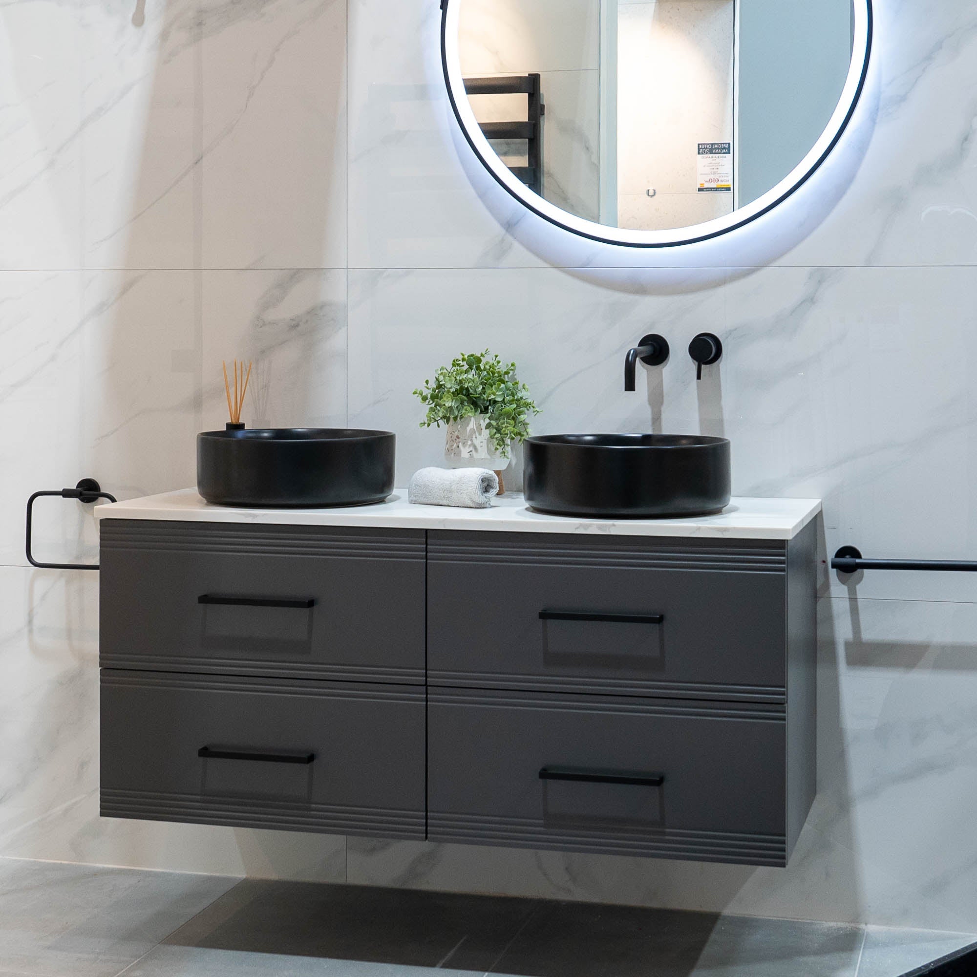 Granlusso™ Galleria 1200 Wall Mounted Double Vanity Unit With Carrara Worktop - Slate Grey