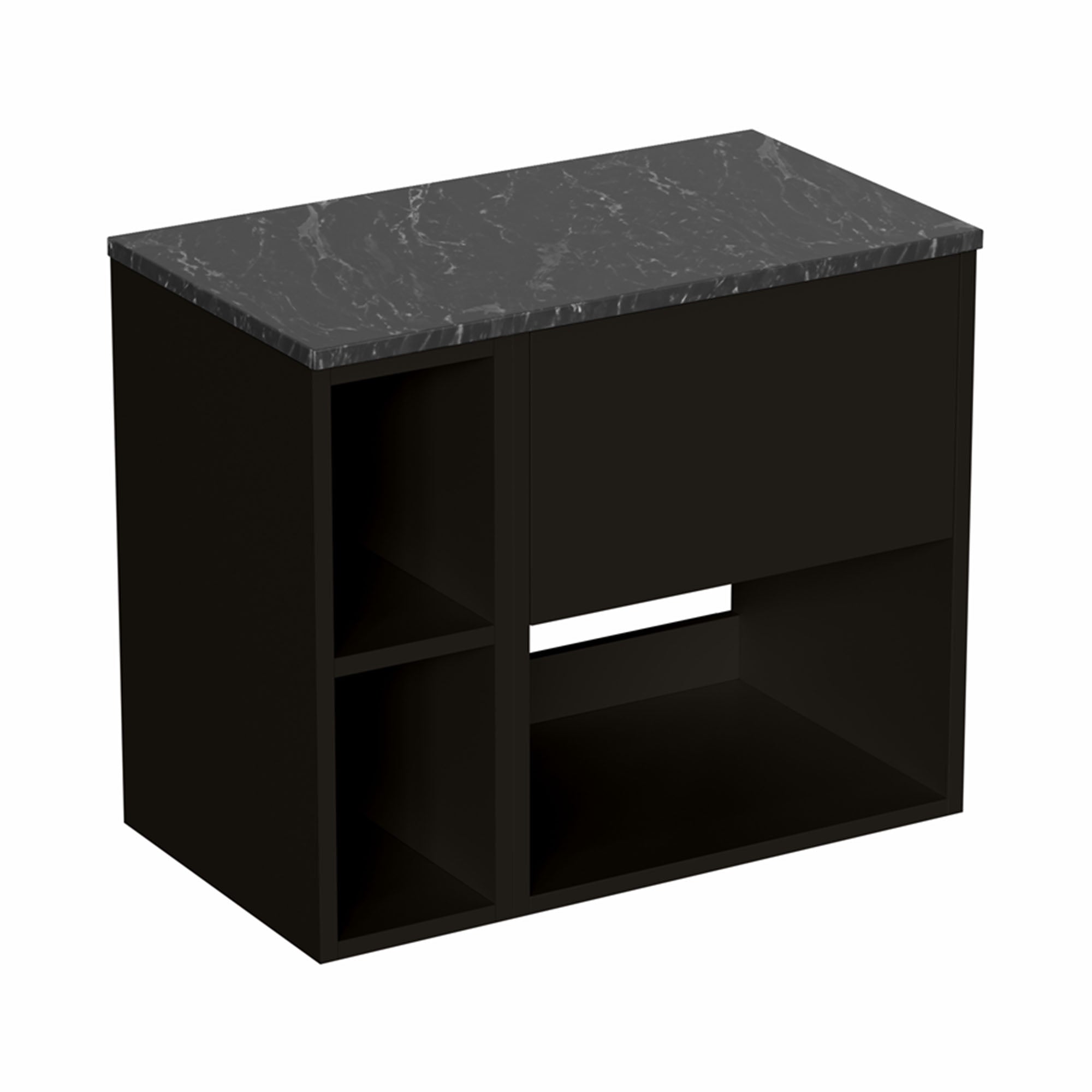 hackney 700 wall mounted vanity unit with marquina worktop and shelf unit matt black