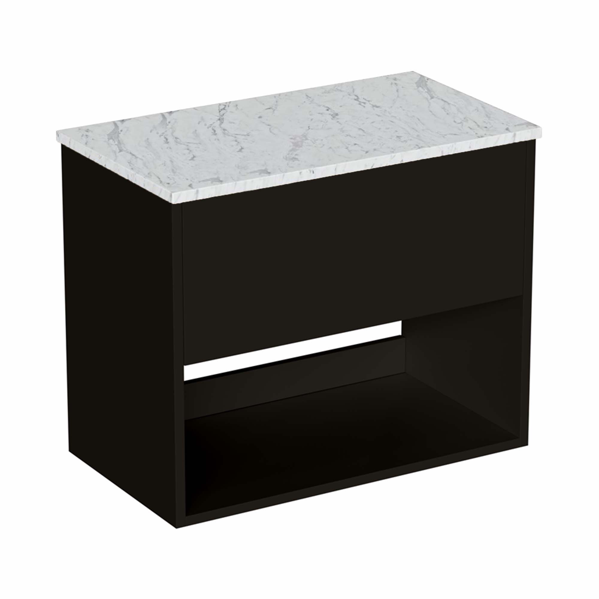 hackney 700mm wall mounted vanity unit with carrara worktop and open shelf matt black