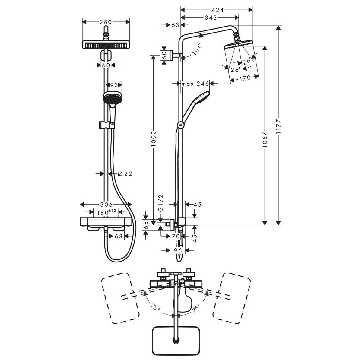 Hansgrohe Croma E 1jet Showerpipe 280 with Thermostatic Shower Valve & Shower Set