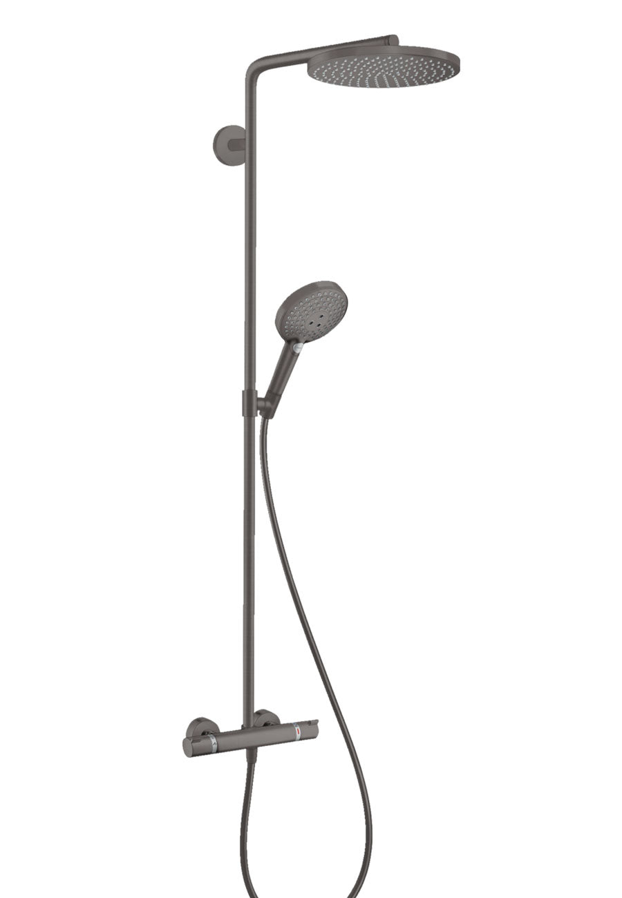 Hansgrohe PowderRain 240 Exposed 2 Outlet Rigid Riser Thermostatic Shower Kit With Overhead Shower and Handset - Brushed Black Chrome