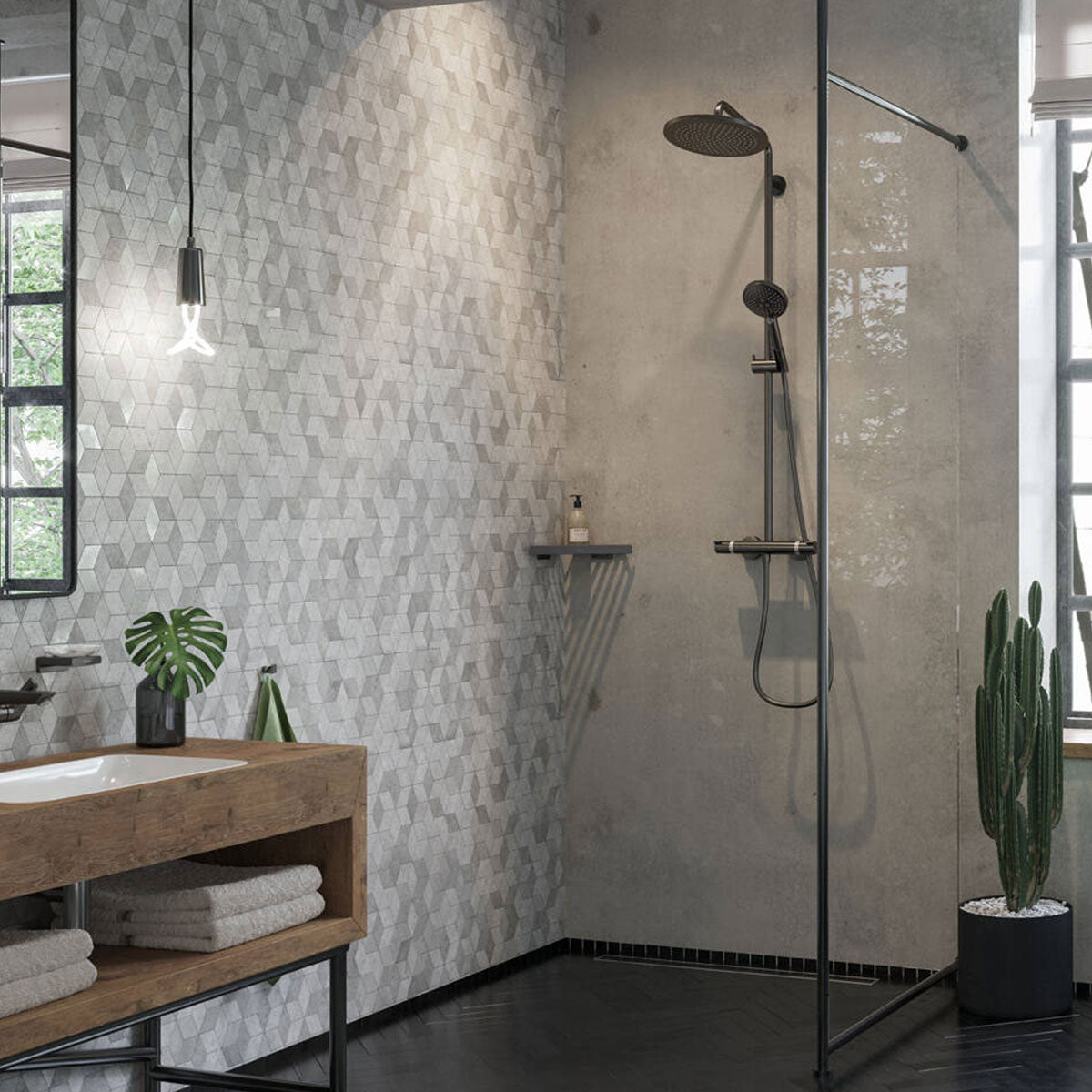 Hansgrohe PowderRain 240 Exposed 2 Outlet Rigid Riser Thermostatic Shower Kit With Overhead Shower and Handset - Brushed Black Chrome