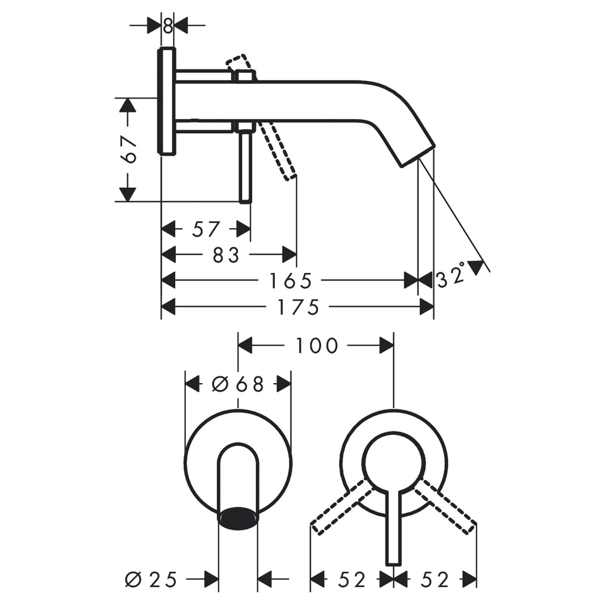 Hansgrohe Tecturis 2 Hole Wall Mounted Basin Mixer Tap - Brushed Bronze