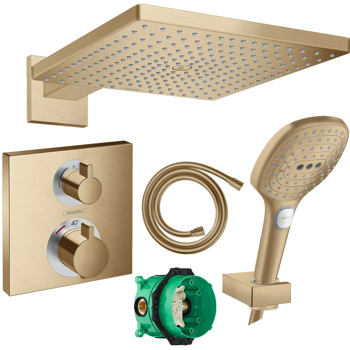 Hansgrohe Square Thermostatic Valve with Raindance 300 Overhead Shower & Handset Brushed Bronze