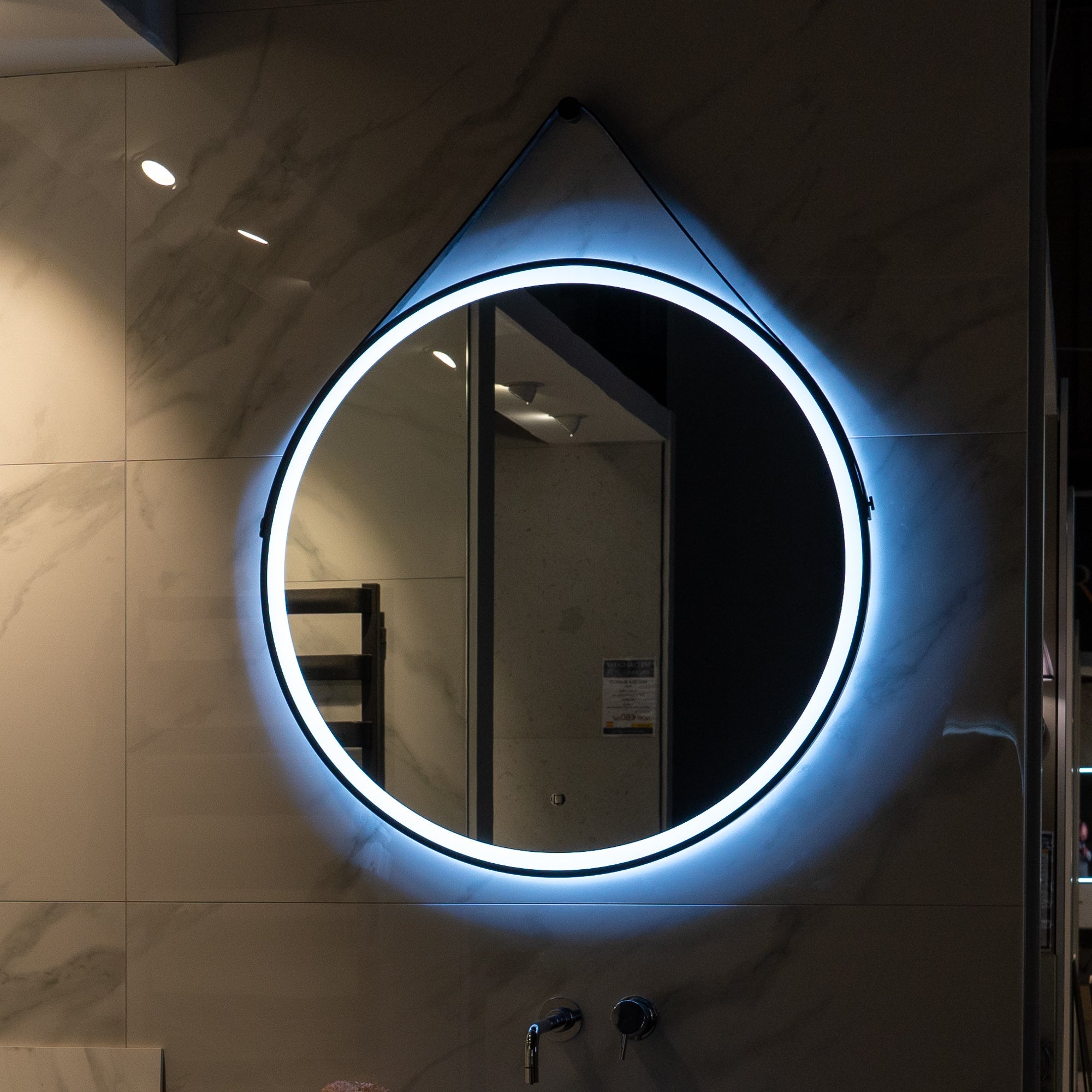 HiB Solstice Black Frame Round LED Mirror With Decorative Strap