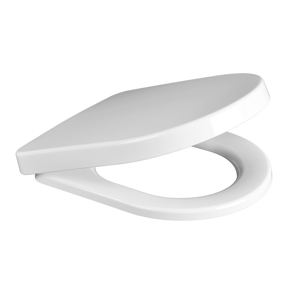 D-shape soft close toilet seat with a quick release mechanism.
