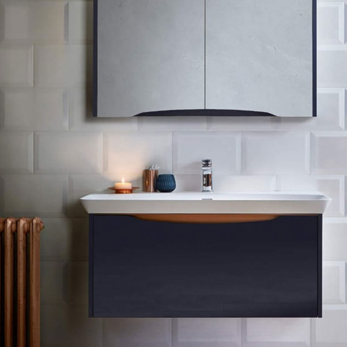 Utopia Lustre 1-Drawer Wall Hung Vanity Unit With Washbasin and LED Illumination - Indigo