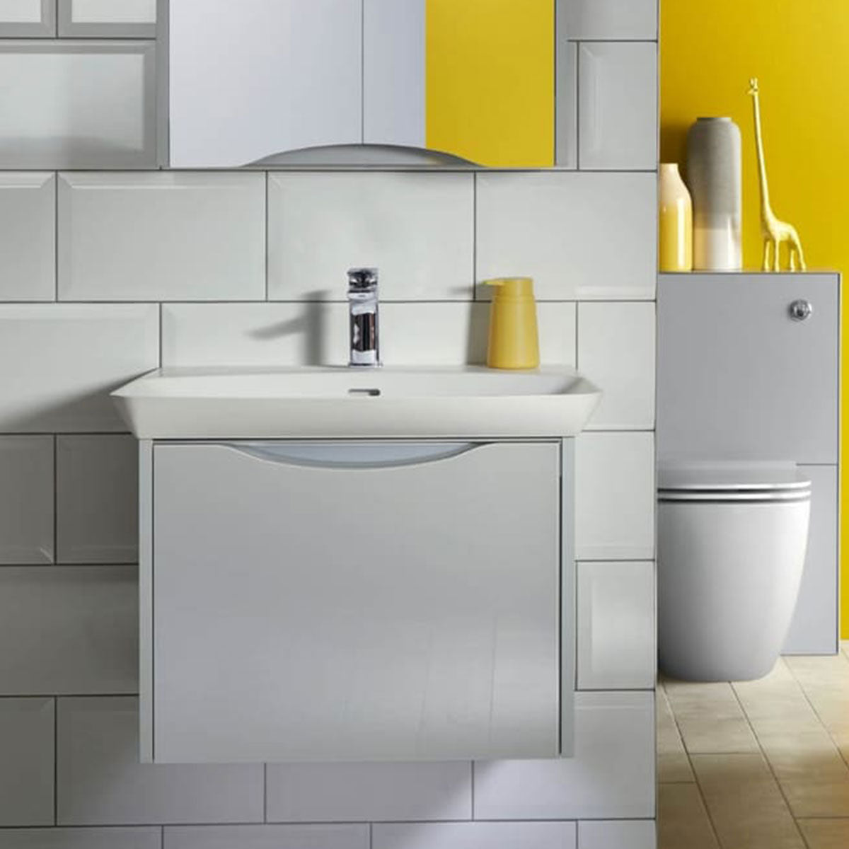 Utopia Lustre 1-Drawer Wall Hung Vanity Unit With Washbasin and LED Illumination - Powder Grey