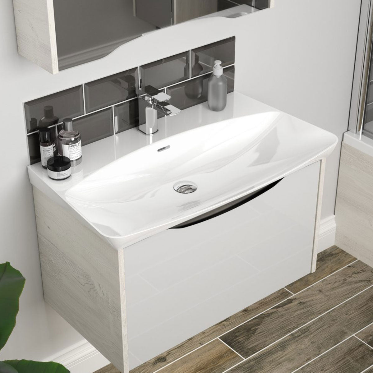 Utopia Lustre 1-Drawer Wall Hung Vanity Unit With Washbasin and LED Illumination - Sandwashed White
