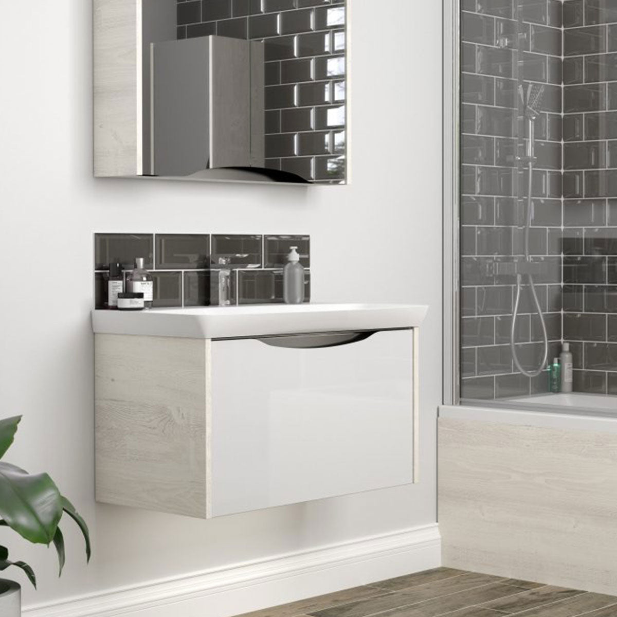 Utopia Lustre 1-Drawer Wall Hung Vanity Unit With Washbasin and LED Illumination - Sandwashed White