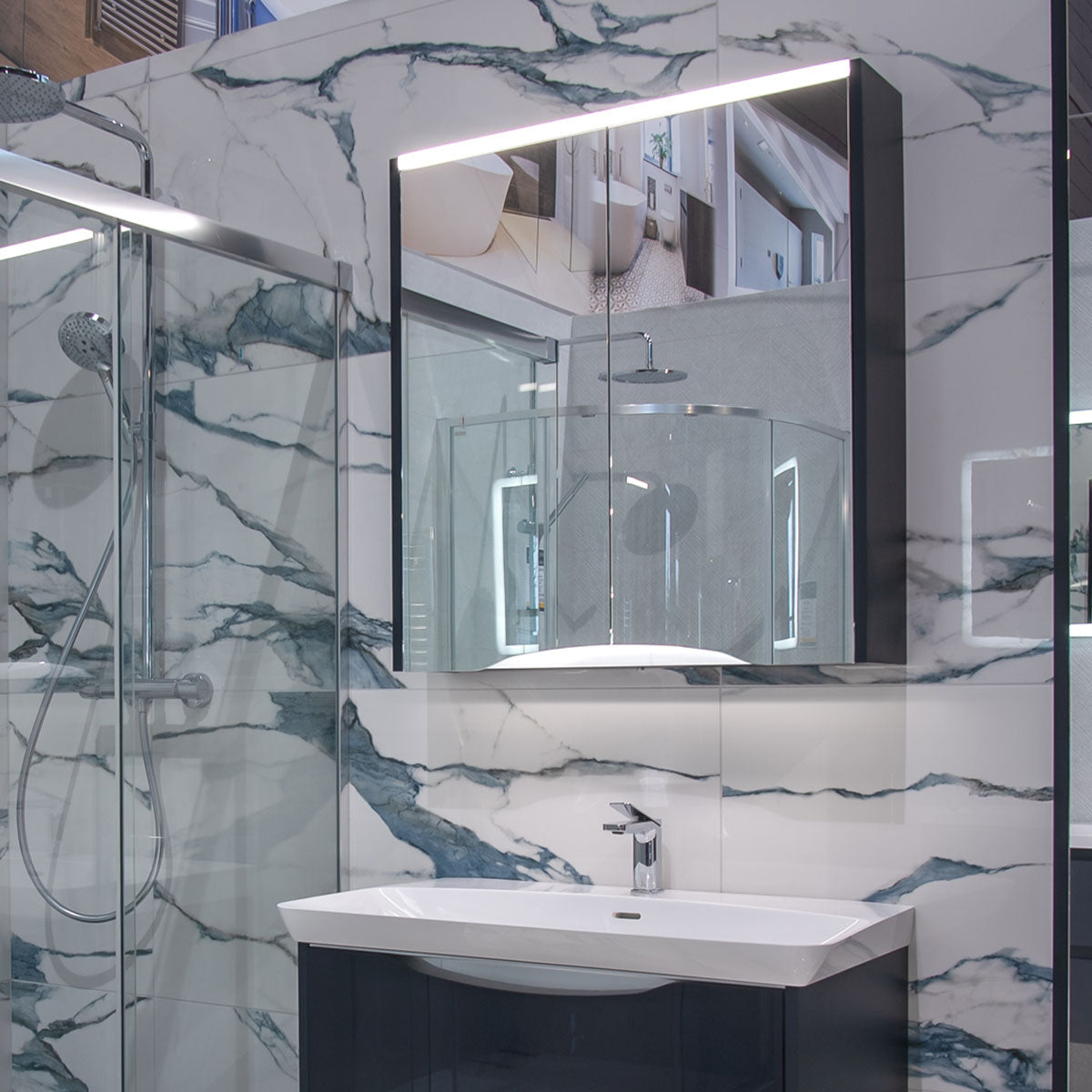 Utopia Lustre Bathroom Mirror Cabinet Wall Hung With LED Illumination indigo