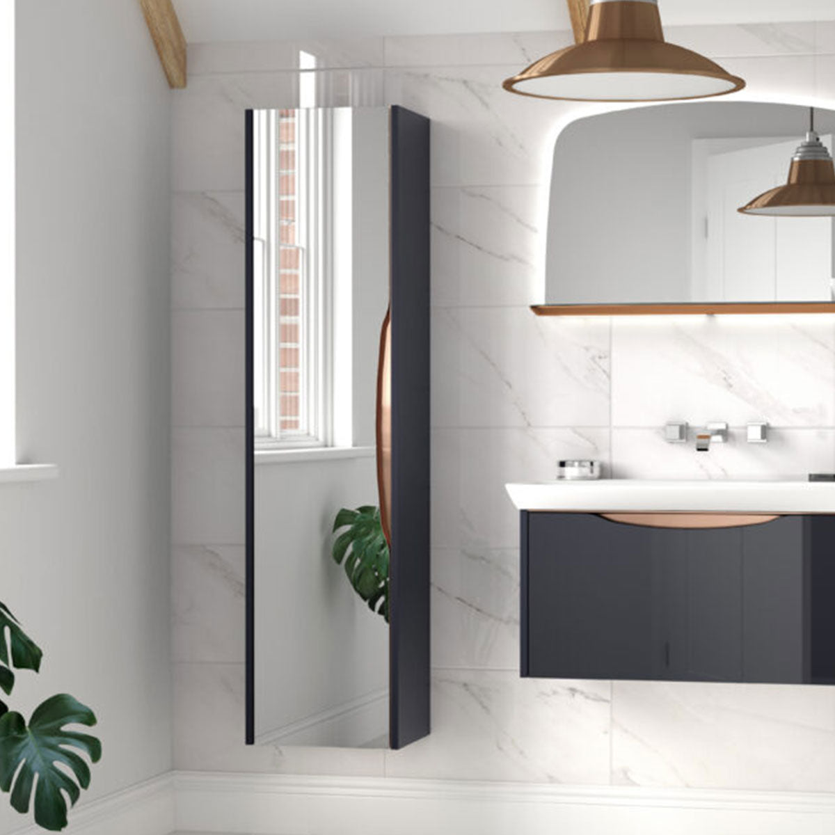 Utopia Lustre Wall Hung Bathroom Tall Storage Mirror Cabinet indigo