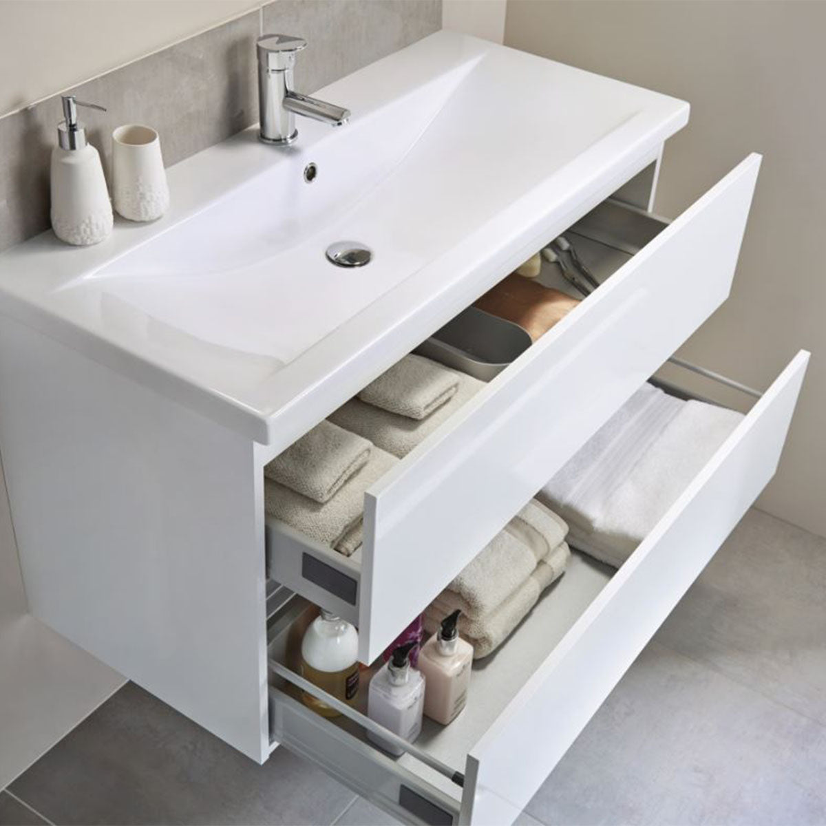 utopia qube compact 800mm 2 drawer wall-hung-vanity unit with ceramic basin white gloss