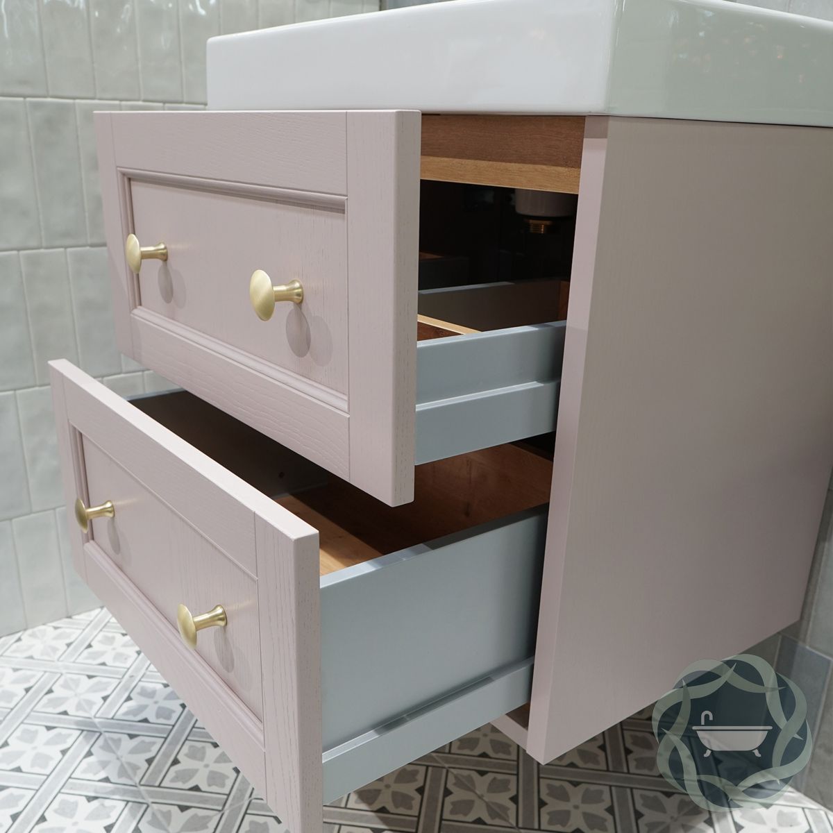 Roseberry 2 Drawer Wall Mounted Vanity Unit With Ceramic Slabtop Washbasin