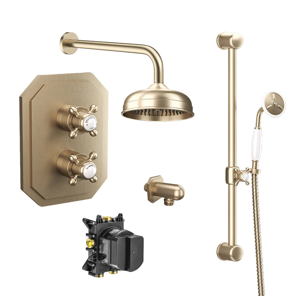 Belgravia shower set bundle with wall  mounted showerhead and slide rail mounted handset in brushed brass finish, supplied by Deluxe Bathrooms.