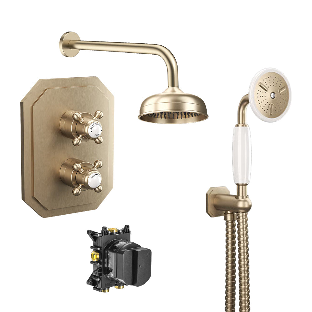 Belgravia shower set bundle with ceiling mounted showerhead and wall outlet  mounted handset in brushed brass finish, supplied by Deluxe Bathrooms.