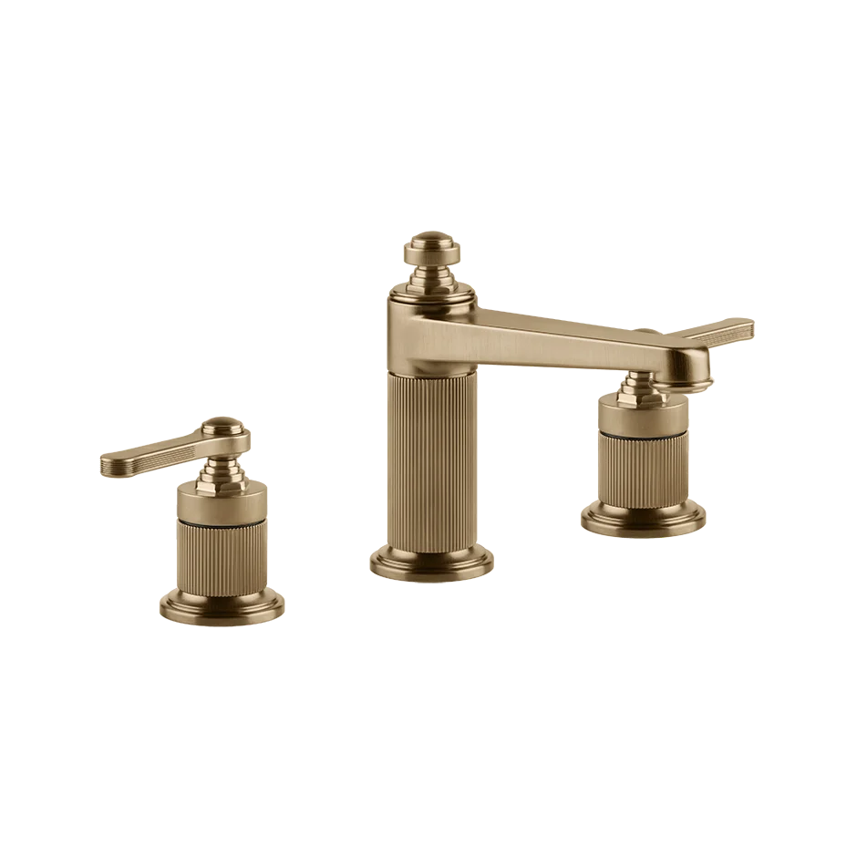 Gessi Venti20 Medium 3-Hole Basin Mixer in warm bronze brushed finish, supplied by Deluxe Bathrooms.