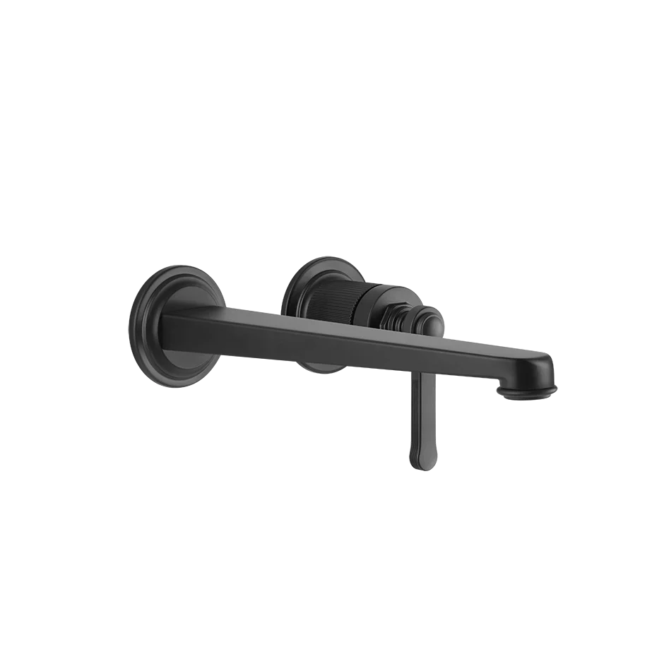 Gessi Venti20 Wall Mounted 2-Hole Long Spout Basin Mixer in matt black finish, supplied by Deluxe Bathrooms.