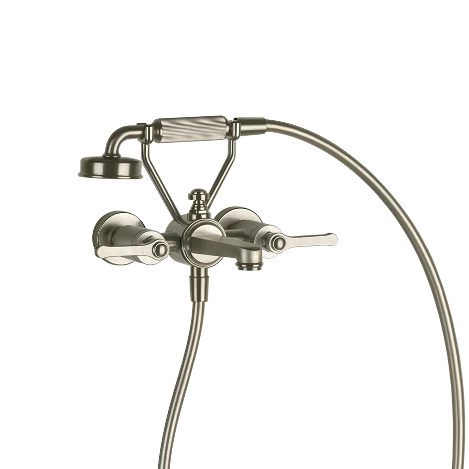 Gessi  Venti20 wall-mounted shower in the finox brushed nickel finish, with a flexible hose, adjustable shower head, and 2 lever handles.
