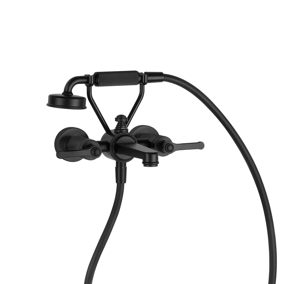 Gessi  Venti20 wall-mounted shower in the matt black finish, with a flexible hose, adjustable shower head, and 2 lever handles.