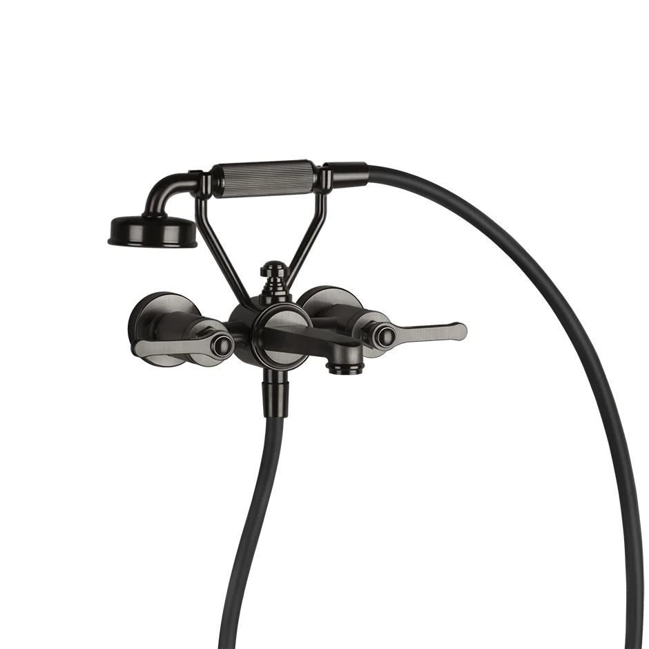 Gessi  Venti20 wall-mounted shower in the black metal brushed finish, with a flexible hose, adjustable shower head, and 2 lever handles.