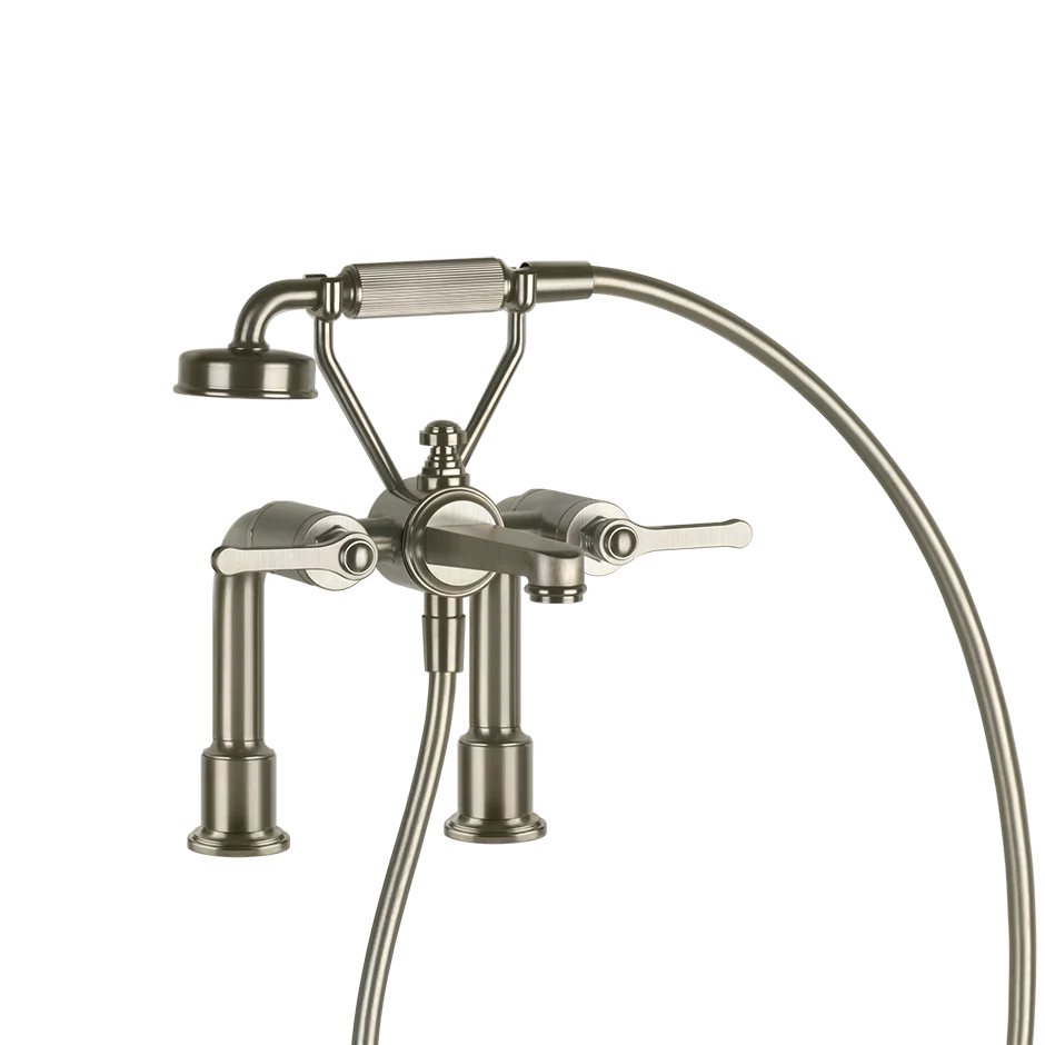 Gessi Venti20 Deck Mounted 2-Hole Bath-Shower Mixer in brushed nickel, supplied by Deluxe Bathrooms.
