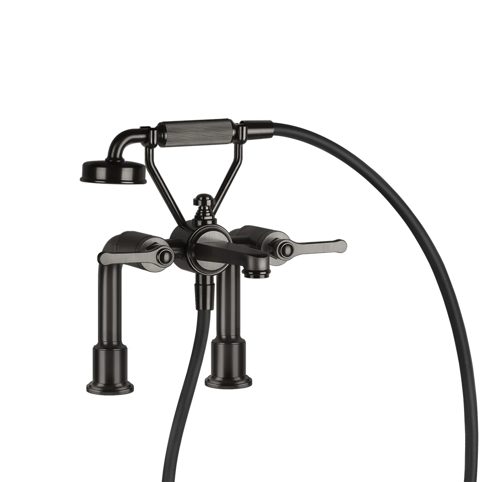 Gessi Venti20 Deck Mounted 2-Hole Bath-Shower Mixer in black metal brushed finish, supplied by Deluxe Bathrooms.